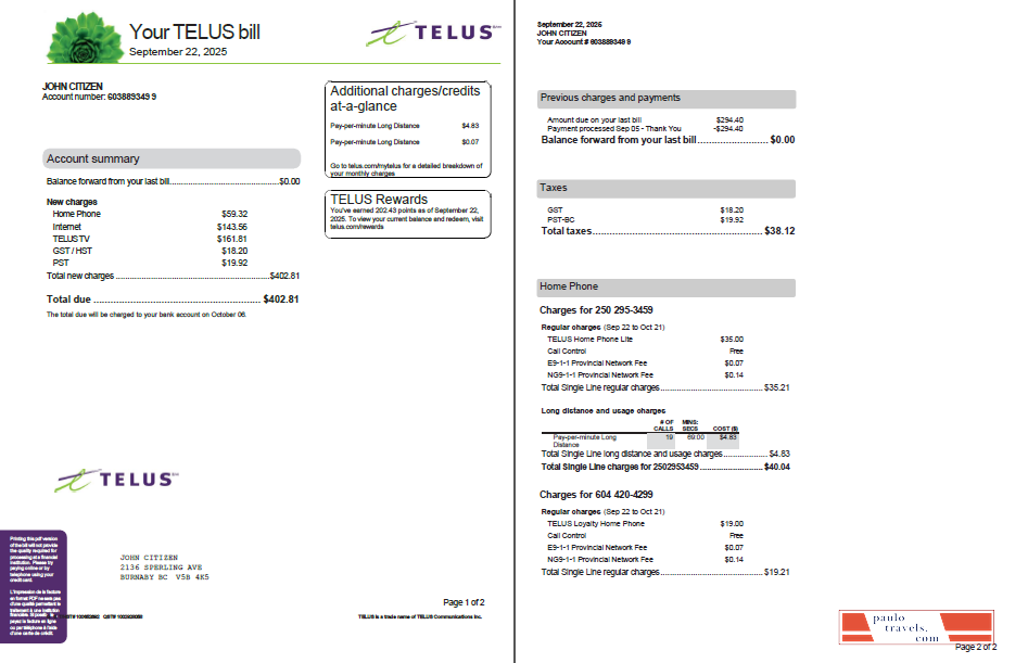 Canada Telus utility bill template in Word and PDF formats, 2 pages, version 3